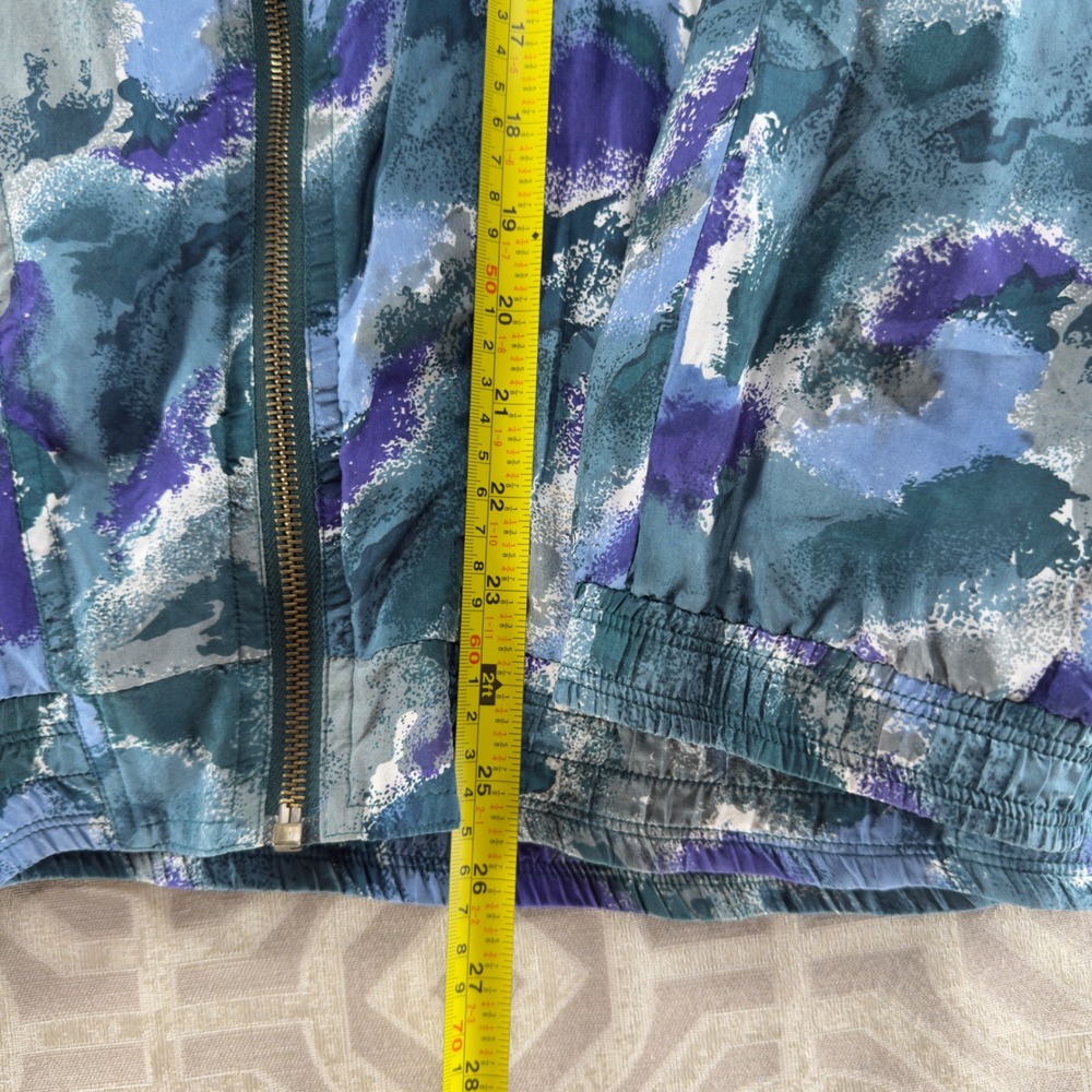 Trovare Vintage 100% Silk Abstract Watercolor Bomber Jacket Blue Purple Womens M - Picture 7 of 8